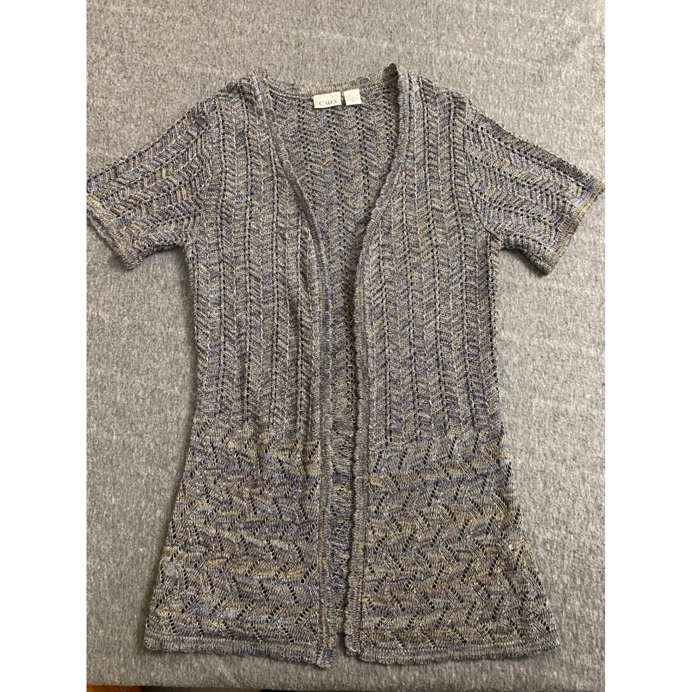 Cato Womens Medium Blue Tan Marled Open Knit Short Sleeve Cardigan Sweater